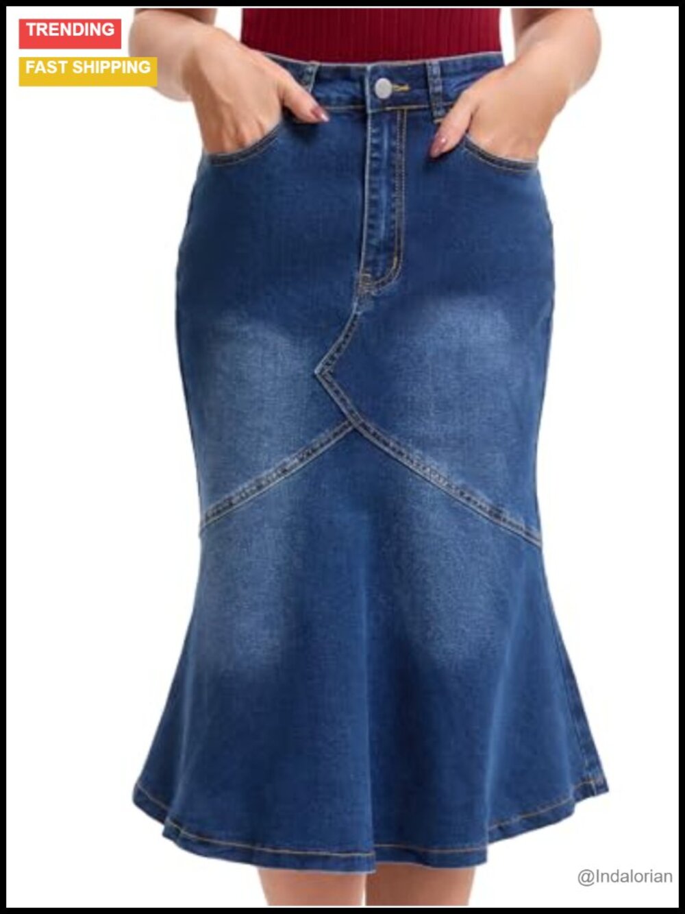 Women's Mid Rise Slim Fit Fishtail Denim Skirt Midi